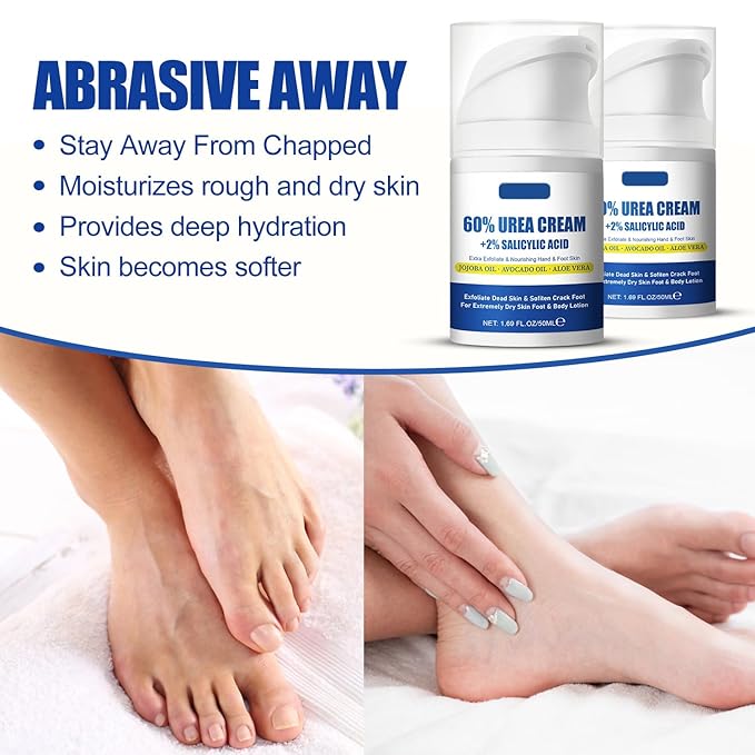 60% Urea plus 2% Salicylic Acid Foot Cream, Intense Hydration for Dry Cracked Feet Hands and Unisex Whole Body Lotion Moisturizer Hydrate & Nourish Foot Care for Softens Skin Exfoliates Dead Skin