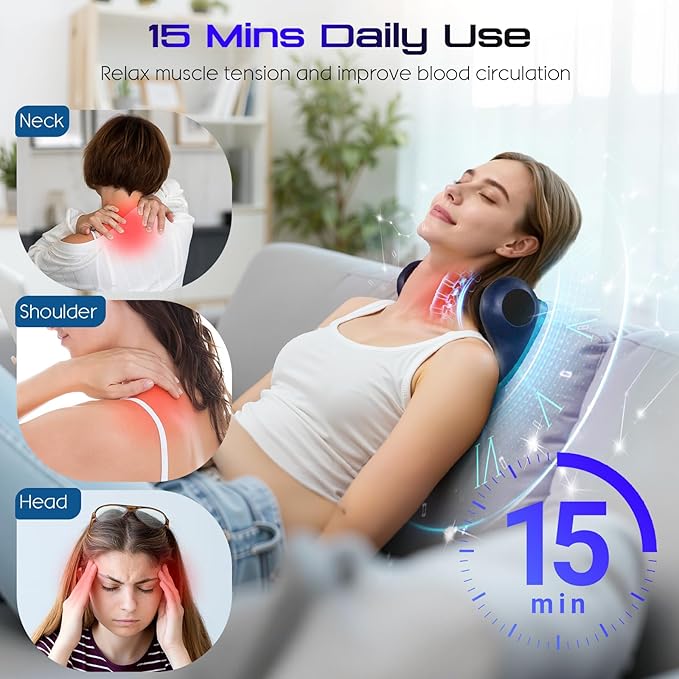 JDZ Neck Massager with Heat, 3-in-1 Electric Cervical Massager for Pain Relief with Hot Compress, Ergonomic Neck and Shoulder Relaxer Stretcher - ldeal Gift for Office Athletes Everyone etc, Blue