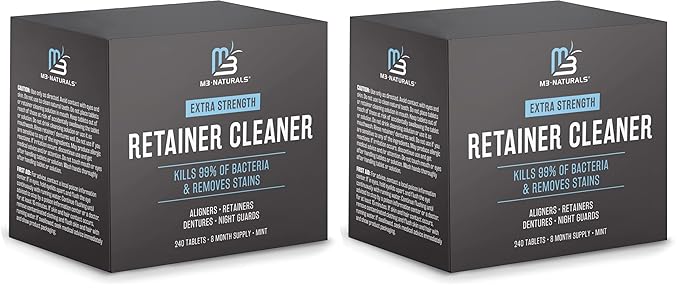 Retainer and Denture Cleansers 240 Tablets Removes Bad Odors Discoloration Stains Plaque for Cleaning Invisalign Mouth Guard Night Guard and Removable Dental Appliances by M3 Naturals (Pack of 2)