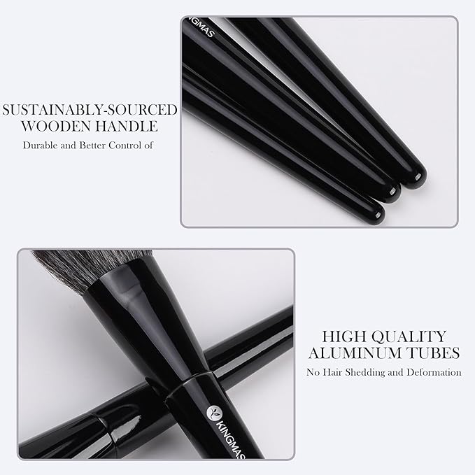 KINGMAS Foundation Makeup Brushes, 3Pcs Kabuki Contour Concealer Makeup Brush, Vegan & Cruelty-Free, Synthetic Cosmetic Under Eye & Blusher Face Brush (Black)