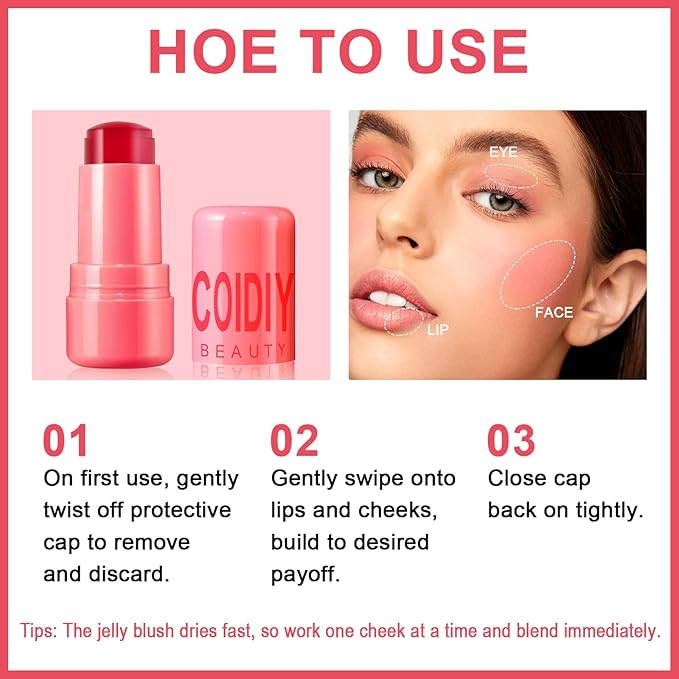 Jelly Blush Stick,Jelly Stain Stick,Lightweight Long Lasting Cheek Stick,Lightweight