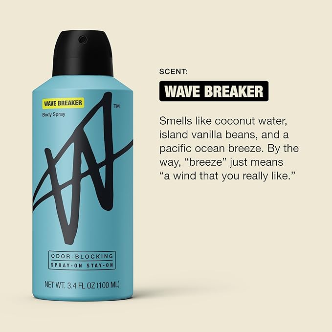 Jake Paul Wave Breaker Body Spray for Men By W, Odor Blocking Body Deodorant, Long Lasting Protection, 3.4 fl oz