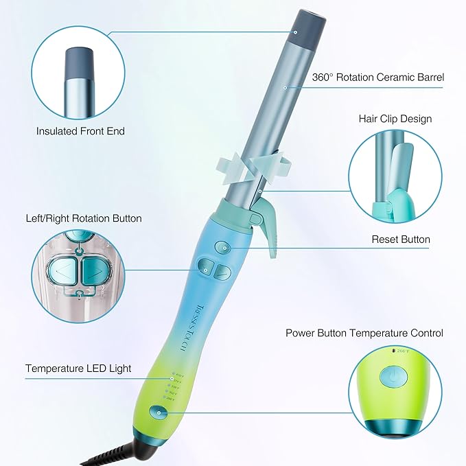 Extra-Long Barrel Rotating Curling Iron with Clamp, Automatic Curling Iron 1 Inch, 30s Fast Heating to 410°F & Home Button for Fast Styling & Lasting Results, Universal Voltage for Travel, Blue Green