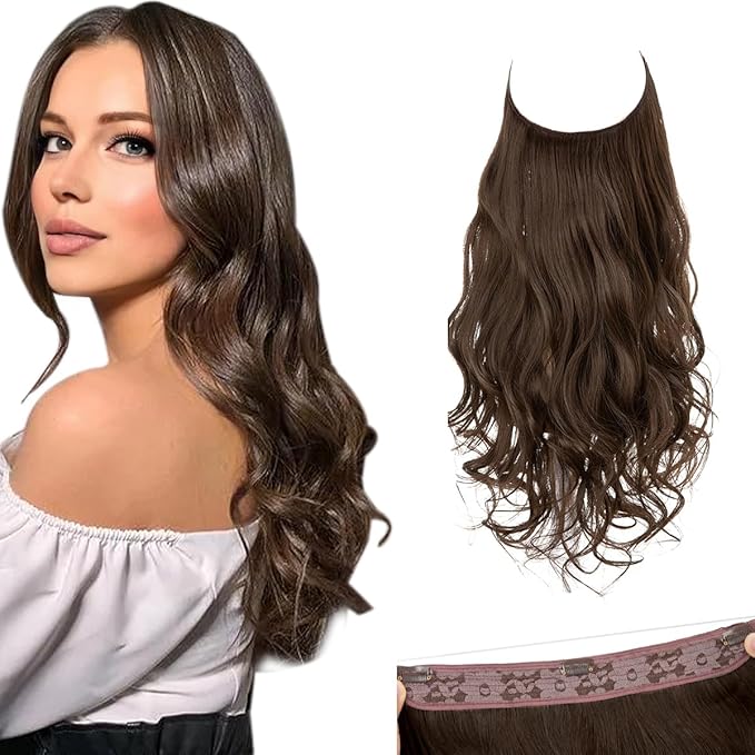 SARLA Invisible Wire Hair Extensions with 3 Clips Synthetic Wavy Curly Hairpiece Adjustable Transparent Headband for Women 16 Inch Medium Brown