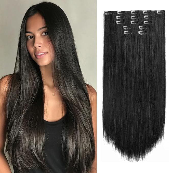Natural Black Hair Extension Clips 26 Inch Long Invisible Straight Thick Synthetic Clip in Extensions Ins 5PCS Easy Installation Fake Soft Hairpieces for Women Weddings Party Daily Use 8.1 Oz