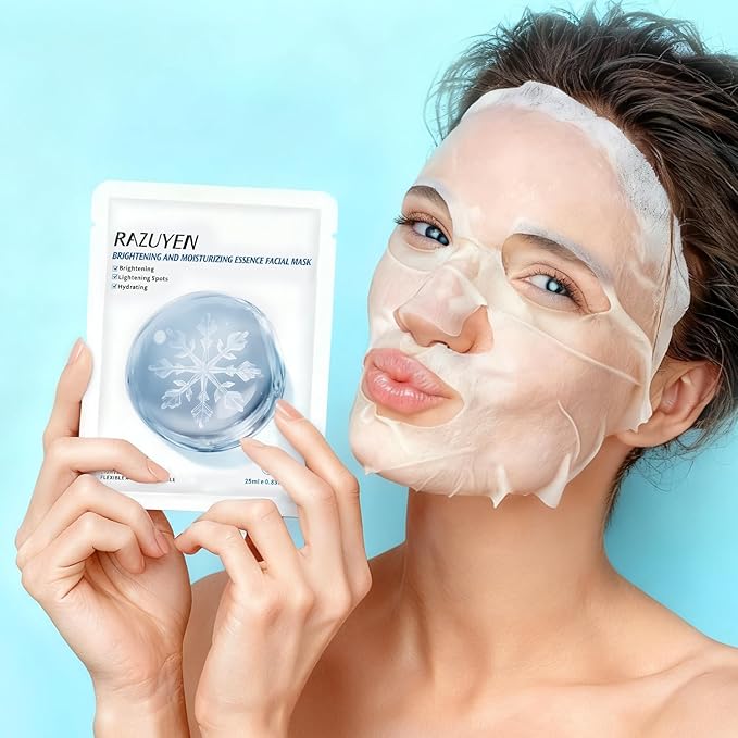RAZUYEN Brightening Hydrating Face Mask (10 PCS), Glowing & Moisturizing Sheet Mask with Niacinamide, Rosa Water and Arbutin, Rose Face Mask For All skin types, Added Fragrance Free