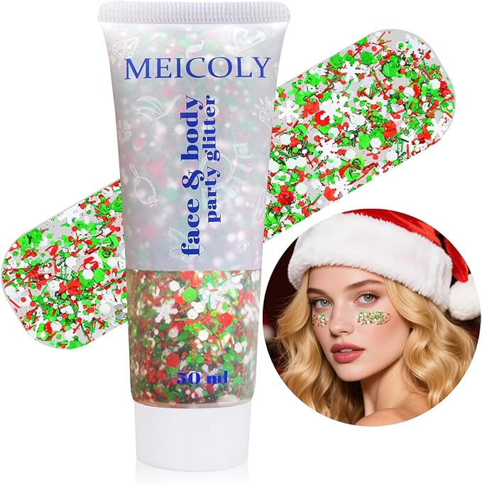 MEICOLY Christmas Face Body Glitter Gel,Holographic Hair Glitter,Christmas Accessories Stocking Stuffers Gift,Festival Face Glitter Makeup for Women Kids Girls,Self-Adhesive Chunky Glitter