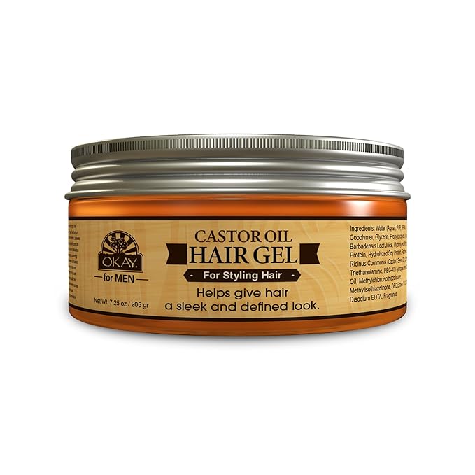 Okay MEN Castor Oil Hair Gel - Castor Oil Gel for Men, Strong Hold & Shine Pomade for Natural Curly Hair, Anti Frizz Gel for Styling Braids, Locs, Twists - 7.25 Oz (Pack of 1)