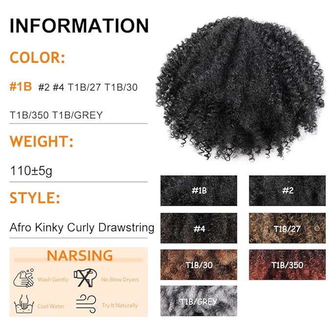 Drawstring Ponytail Afro Kinky Curly for Black Women Short Wave Synthetic Ponytail Hair Extension(#1B,Nature Black)