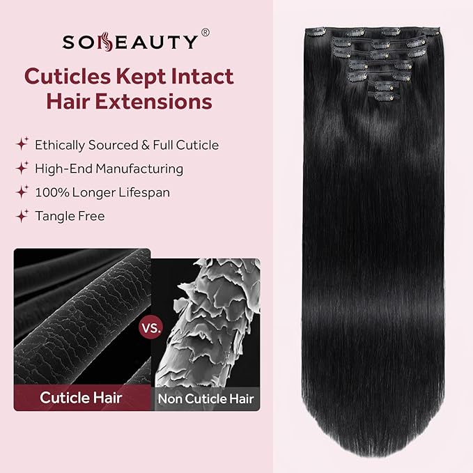 Clip in Hair Extensions Real Human Hair, Jet Black 100% Human Hair Extensions Clip in, Tangle-free Silky Straight Hair Extensions for Women, #1 24Inch 120G 7PCS