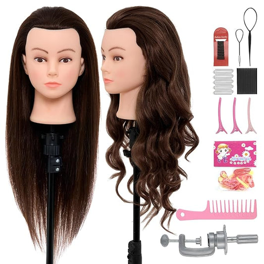 28Inch Mannequin Head Human Hair 60% Real Hair - Mannequin Head Cosmetology with Hair Doll head for hair Styling Braiding Curling, with Table Clamp Styling Set (Dark Brown)