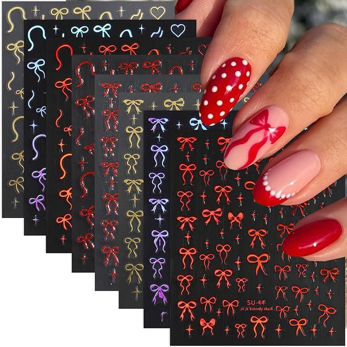 Bow Nail Stickers for Nail Art 3D Self Adhesive Gold Red Laser Star Bow Nail Decals Valentines Nails Sticker Design DIY Manicure Decoration Decal for Women Acrylic Nails 6 Sheets
