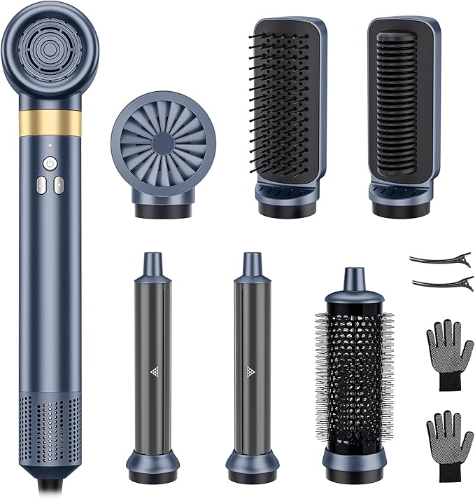6-in-1 Hair Styler, Hair Dryer, Multi-Function Hot Air Brush Set, Ionic Blow Dryer with Interchangeable Attachments for Curling, Straightening, Volumizing, Gift for Women(Gemstone Blue)