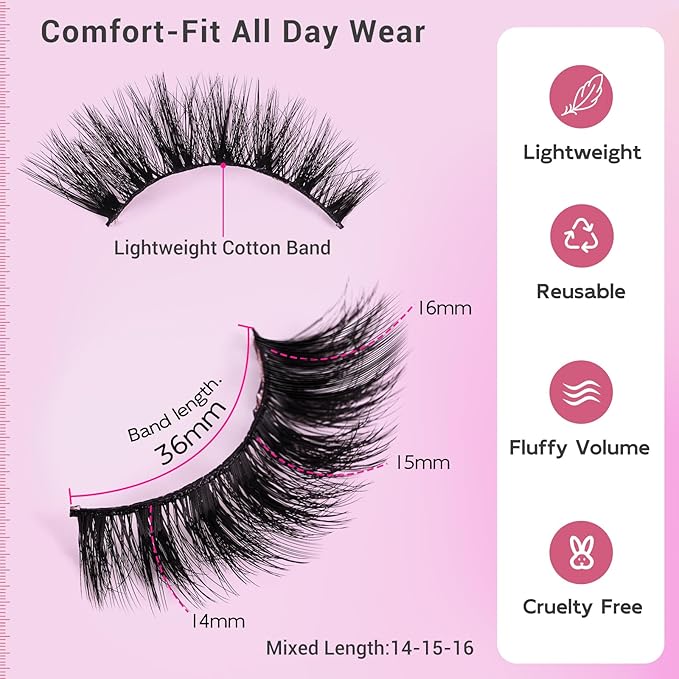 Cat Eye False Eyelashes Wispy Fluffy Volume Dramatic Strip Lashes Lightweight Natural Look Easy to Apply Reusable Faux Mink Eyelashes for Daily and Glam Makeup 7 Pairs