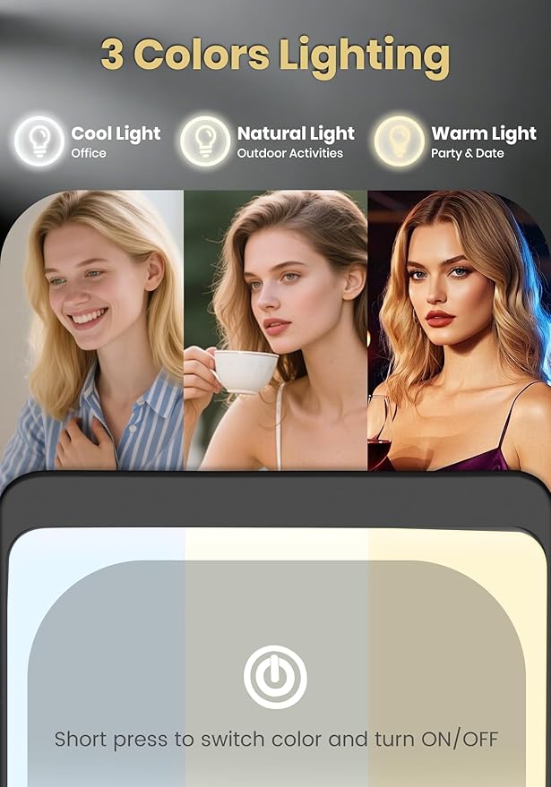 Compact Mirror, Rechargeable 30X Magnifying Mirror with 3 Lighting Modes & Dimmable Brightness, Portable Travel Makeup Mirror with Light, Essentials for Travel, Pocket, Purse, Gifts for Women Black