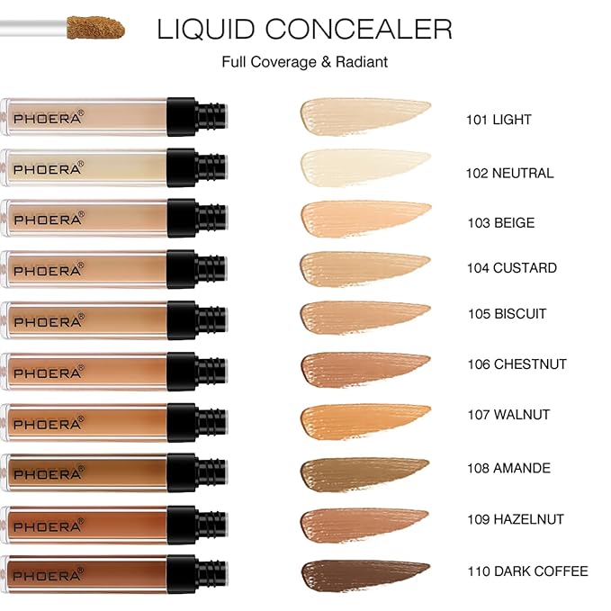 PHOERA Concealer, Lightweight, Full Coverage, Long Lasting, Corrects, Hydrates, Highlights, Matte Finish, All-Day Wear,with Concealer Brush (109#HAZELUNT)