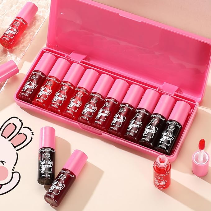 Eakroo 10 Colors Lip Tint Stain Set, Korean Lip Gloss Watery Lip Stain Moisturizing Mini Liquid Lipstick Set, Multi-Use Lip and Cheek Tint, Non-Stick Cup, High Pigment, Long-Lasting, Vivid Color