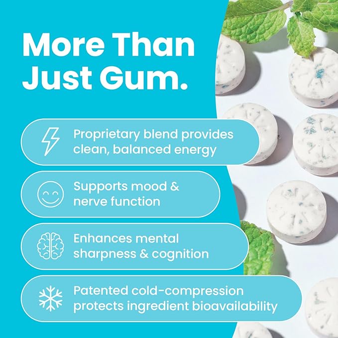 Neuro Energy & Focus Gum - 40mg Natural Caffeine Gum & Nootropic Energy Supplement with L-Theanine & B Vitamins - Sugar Free, Vegan - Peppermint, 54ct