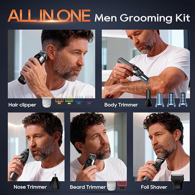 Beard Trimmer for Men, Magnetic Snap-on Replacement Heads & Charging Dock, IPX7 Waterproof Cordless Hair Clippers, Mens Grooming Kits for Mustache/Body/Face/Ear/Nose, Gray