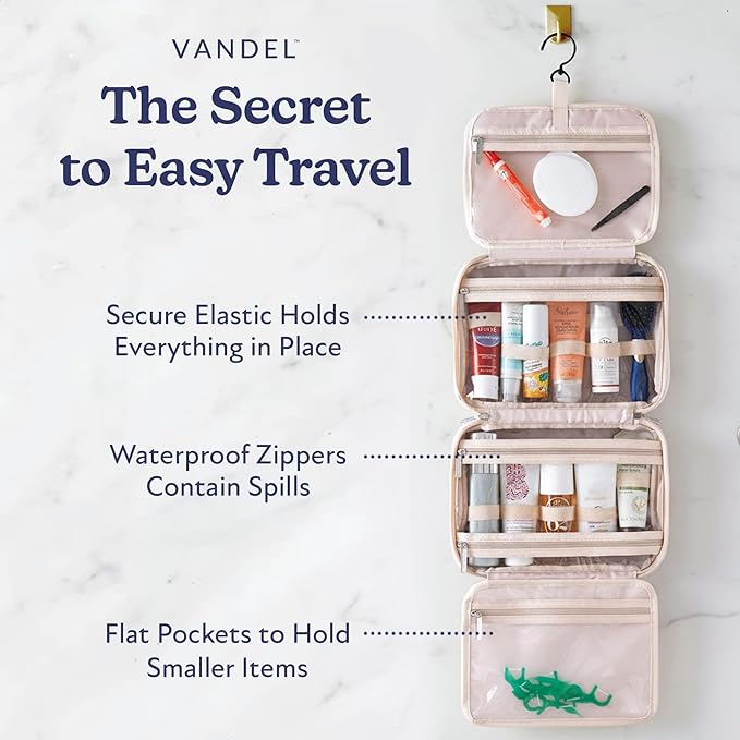 VANDEL Waterproof Hanging Toiletry Bag for Travelling, Hanging Makeup Organizer Bag, Cosmetic Travel Bags for Women, Makeup Case Toiletries Organizer Hygiene Bathroom Shower Caddy - Sand