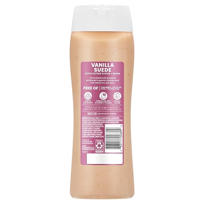 Suave Vanilla Suede Exfoliating Body Wash & Scrub with Glycerin & Vitamin E, Sulfate-Free Hydrating Cleanser for Soft, Smooth Skin, 6 Count, 18 FL OZ EA