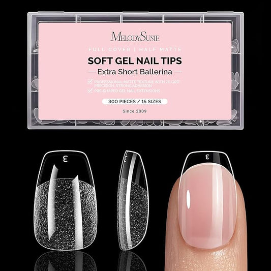 MelodySusie Extra Short Ballerina X Nail Tips - 300Pcs 15 Sizes Clear Acrylic, Half Matte Full Cover Press on Nails for DIY Extension & Salon Use, Pre-Shaped for Long-Lasting Manicure
