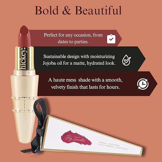 Hickey Lipstick Set, Haute Mess (Terracotta), Refillable Silver Case with Chain, Satin Pouch & Ribbon (Wearable Necklace), Long Lasting Hydrating Velvet Finish Lipstick for Women - Vegan & Gluten-Free
