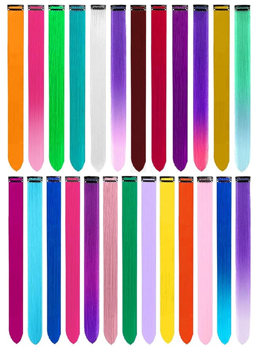 25 PCS Colored Hair Extensions, Colorful Party Highlights Multicolors Clip in Hair Extensions, Rainbow Synthetic Hairpieces for Girls Women Kids Cosplay Party Gift(22 In)