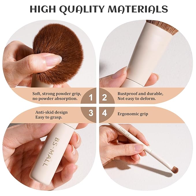 BS-MALL Travel Makeup Brushes Premium Synthetic Foundation Powder Concealers Eye Shadows 7 PCS with Triangle Puff & Storage Bag (Beige)