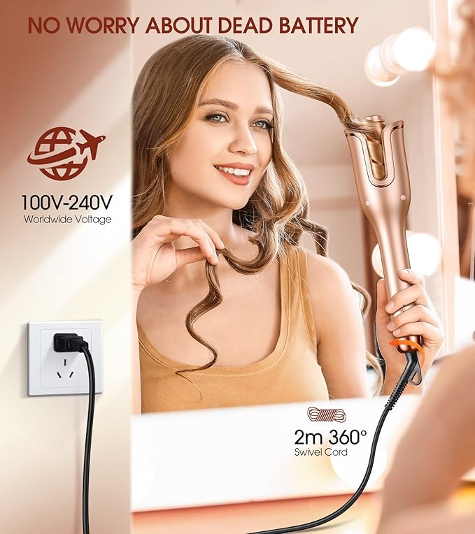 Automatic Curling Iron, Auto Hair Curler with 1" Curling Wand Large Slot & 4 Temperature & 3 Timer, Dual Voltage Anti-Tangle Rotating Curling Iron with Auto Shut-Off for Hair Styling, Champagne