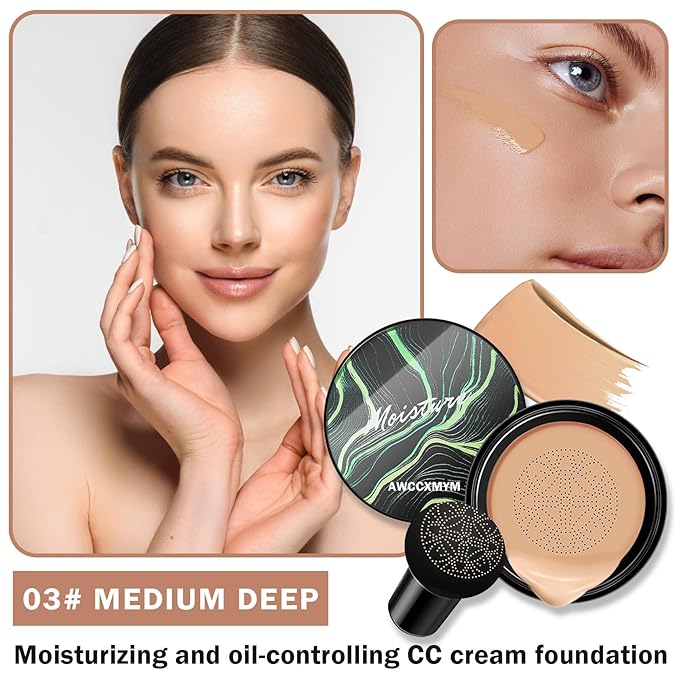 AWCCXMYM CC Cream Cushion Foundation Full Coverage Foundation 03#Medium Deep