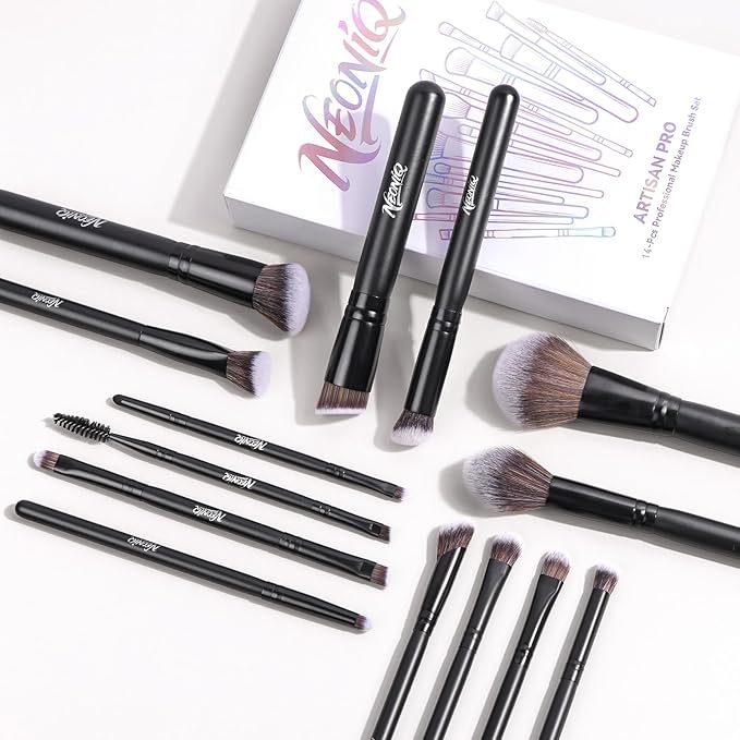 NEONIQ 14 PCS Professional Makeup Brushes, Makeup Brush Set, Foundation Powder Blending Concealer Eyeshadows Blush Cosmetics Brushes,Versatile Face Make Up Tools For Liquid, Cream, Loose(Black)