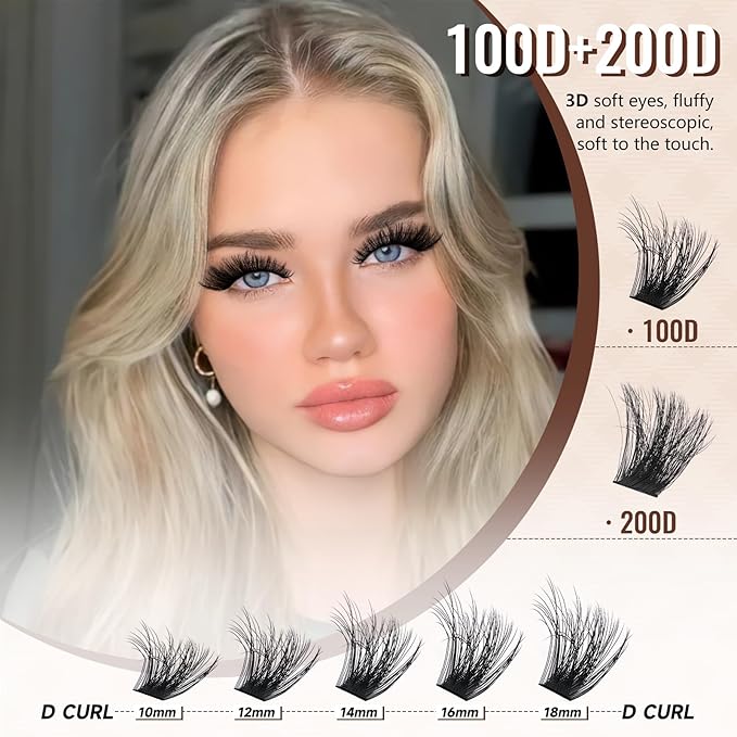 JMS&JMS Lash Clusters 3D Effect Cluster Lashes 100D+200D D Curl Lash Cluster Eyelash Extensions Mix10-18mm Individual Eyelashes Clusters Wispy Lash Clusters Thin Band Soft to Use at Home