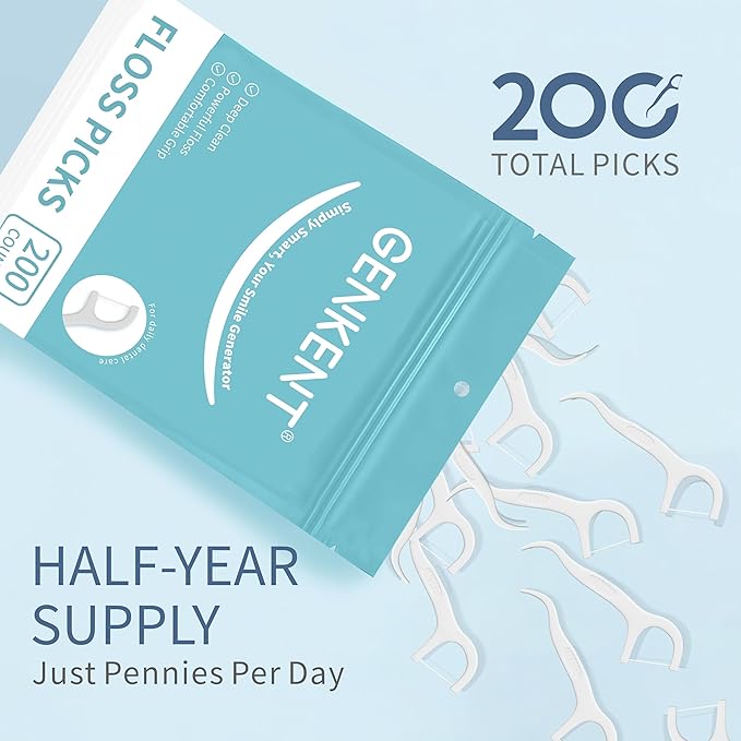 GENKENT Floss Picks, 200 Count Dental Floss Sticks, Tooth Picks Flossers, Teeth Cleaning Tools with Toothpicks
