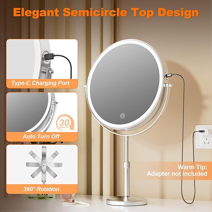 Hasipu 10” LED Makeup Mirror with 1X/10X Magnification - Rechargeable Vanity Mirror, 3 Color Modes, Touch Control, 360° Rotation & Height Adjustable Nickel