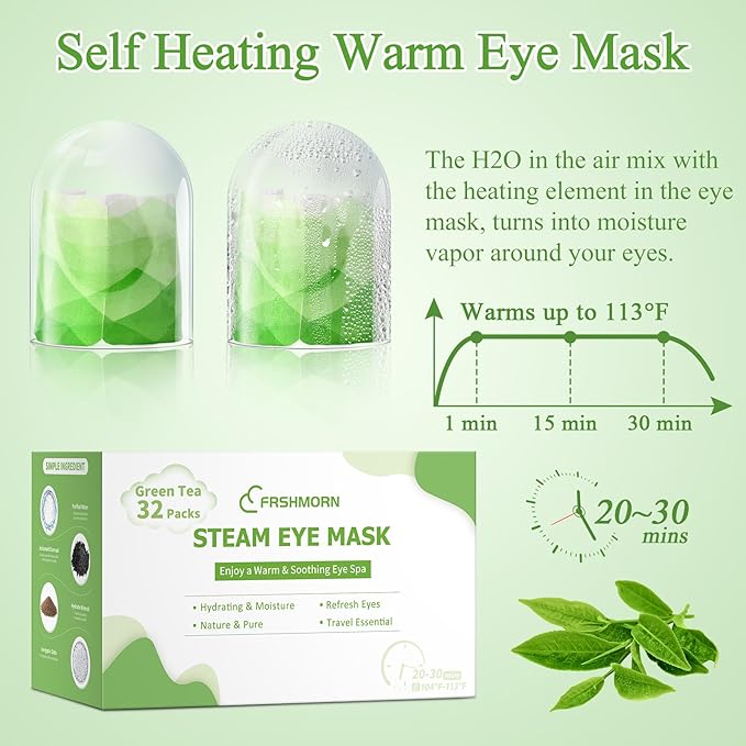 FRSHMORN 32 Packs Steam Eye Mask, Heated Eye Mask for Sleeping, Warm Compress for Eyes, Self Heating Disposal Eye Mask Comfortable Sleep Mask for Home, Office, Spa, Travel Essentials (Green Tea)