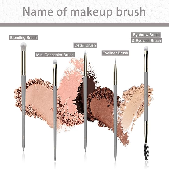Small Makeup Brush Set 5pcs, Eye Makeup Brushes for Eyeshadow, Eyeliner & Eyebrow – Tiny Makeup Brush with Blending, Concealer, Detail & Dual-Ended Brow Spoolie, Wooden Handle, Eye Brush Kit (Grey)