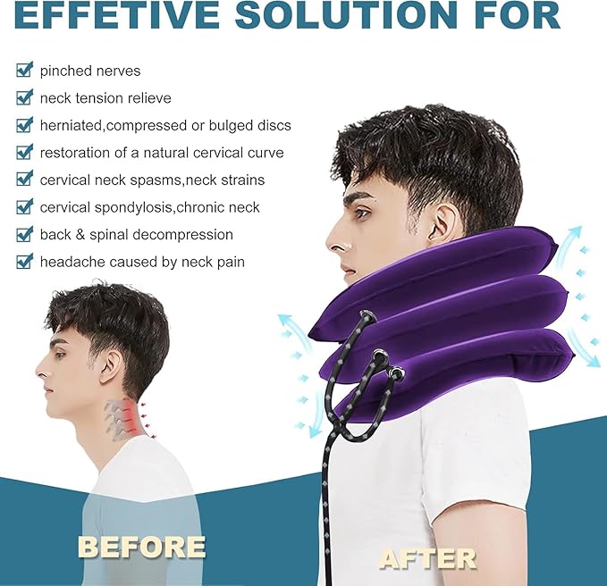 Neck Stretcher, Neck Traction Device, Cervical Traction Device for Neck Pain Relief, Adjustable Inflatable Neck Brace, Neck Decompression Devices Home Use (Purple)