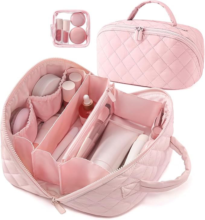 2026 New Travel Makeup Bag,Wideopen Toiletry Bag for Women, 180° Lay-Flat Water-Resistant Large Cosmetic Case, Puffy Padded Travel Organizer for Toiletries & Brushes Large Capacity with Compartments