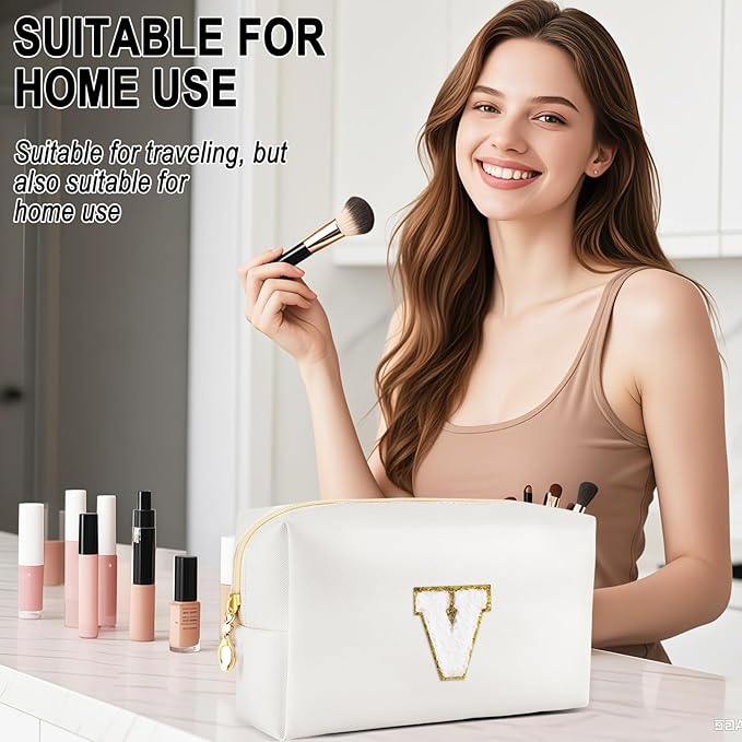 URSKYTOUS Gifts for Girls Initial Makeup Bag Personalized Cosmetic Bag with Zipper Cute Travel Toiletry Bags Waterproof PU Preppy Makeup Pouch Birthday Gift for Teen Girls Women(White V)