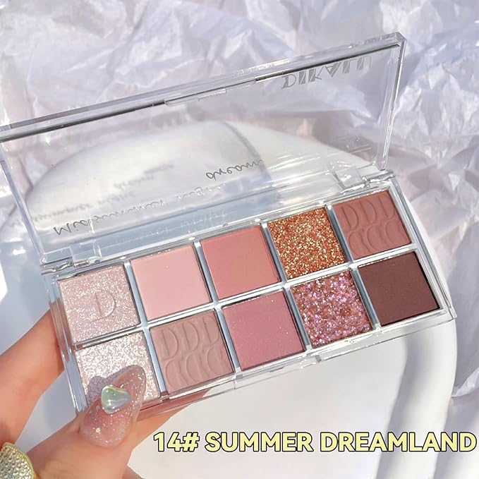 Erinde 10 Color Eyeshadow Palette Makeup - Matte Shimmer Glitter Eye Shadow, Ultra-Blendable, High Pigmented, Naturing-Looking, Neutral Nude Eyeshadow Palette with Professional Brush, Summer Dreamland