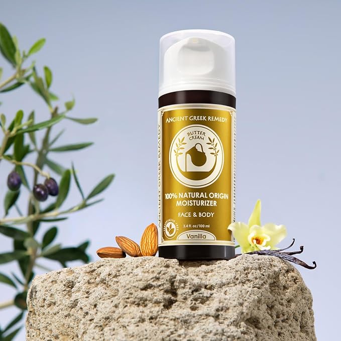 Ancient Greek Remedy Organic Face Moisturizer for Dry Skin - Anti Aging Face & Body Butter Cream - Almond, Jojoba, Olive, Rosehip, Vanilla, Vitamin E Oil. Natural Lotion for Women & Men 3.4 oz