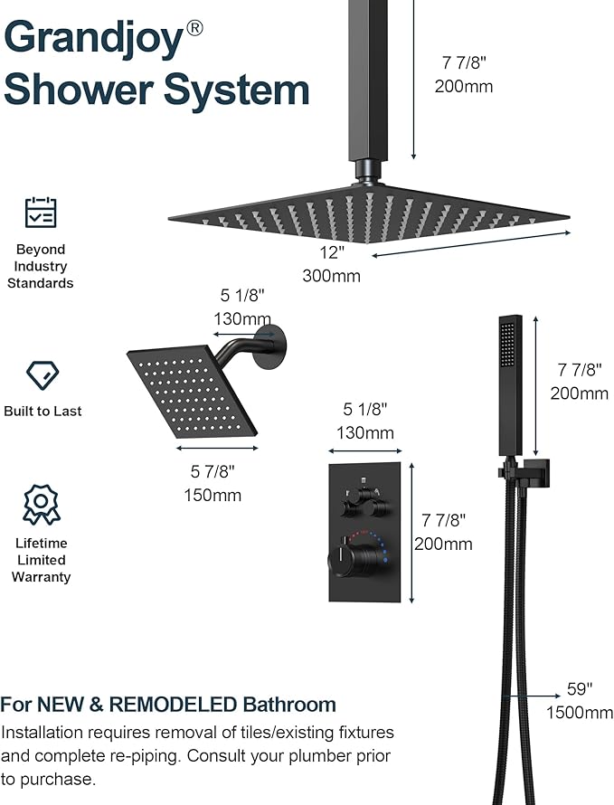 GRANDJOY Thermostatic Shower System, Dual Rainfall Shower Heads for Ceilling & Wall Mounted with Handheld Sprayer, Matte Black