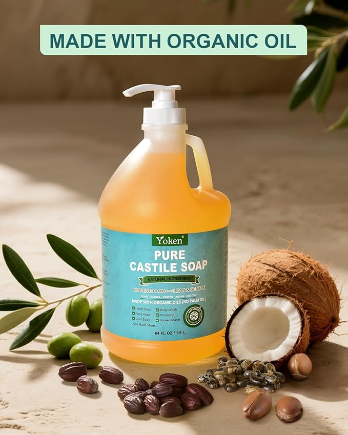 Yoken EWG Verified Organic Castile Soap Liquid (Unscented, 64 oz) Pure Castile Liquid Soap Made With Organic Oil, Clean & Gentle, Natural Castor Oil Soaps for Body & Face Wash, Hands, Dishes, Laundry