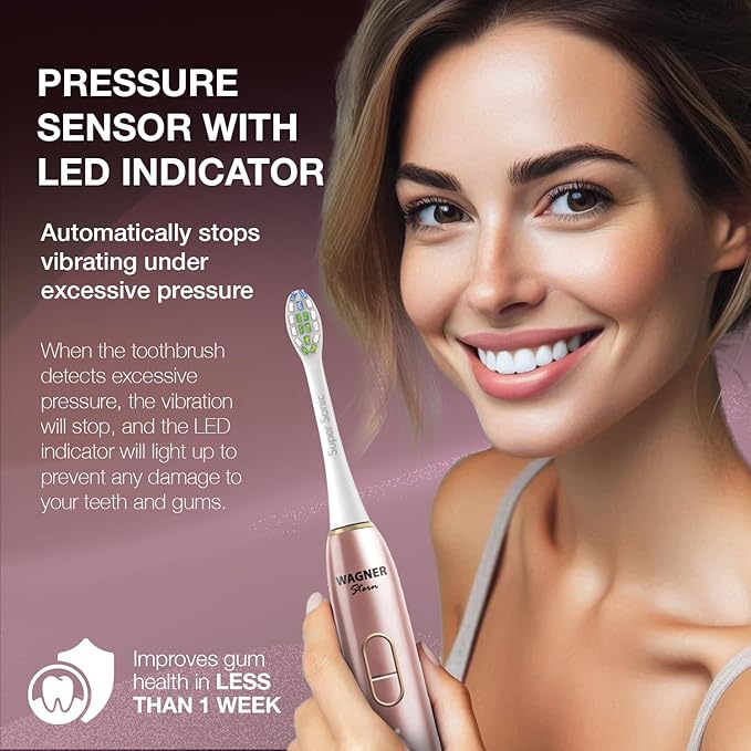Wagner Stern IntelliBrush Series Whitening Electric Toothbrush with Pressure Sensor. Offers 4 Brushing Modes, 3 intensities, 8 Soft Brush Heads, and a Luxury Travel case.