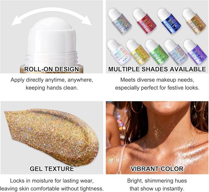 Roll-on Body Glitter Gel Holographic for Face and Hair,Body Glitter Gel Makeup for Kids Women,Body Shimmer Christmas Makeup for Rave Party.(Bronze Color)