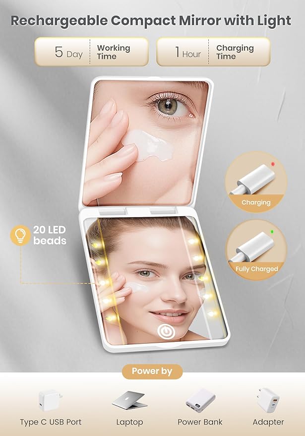 Compact Mirror, Rechargeable 30X Magnifying Mirror with 3 Lighting Modes & Dimmable Brightness, Portable Travel Makeup Mirror with Light, Essentials for Travel, Pocket, Purse, Gifts for Women White