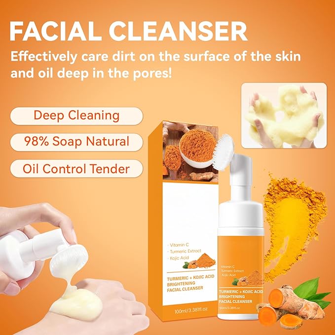 4-Piece Turmeric Skincare Set with Face Wash, Cream, Soap Bar, Bubble Net, Facial Cleanser for All Skin Types, Soothing Hydrating Formula