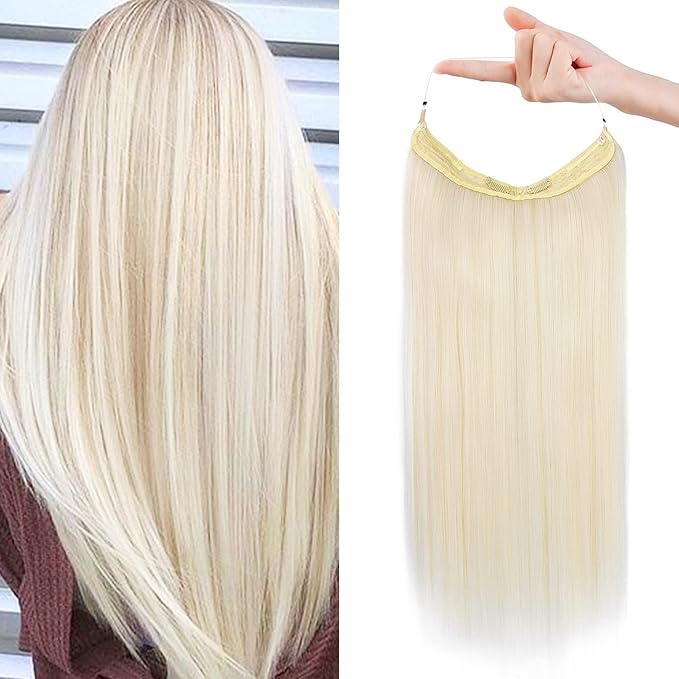 REECHO Invisible Wire Hair Extensions with Transparent Headband Adjustable Size Removable Secure Clips in Straight Secret Hairpiece for Women (12Inch(Pack of 1), White Blonde)