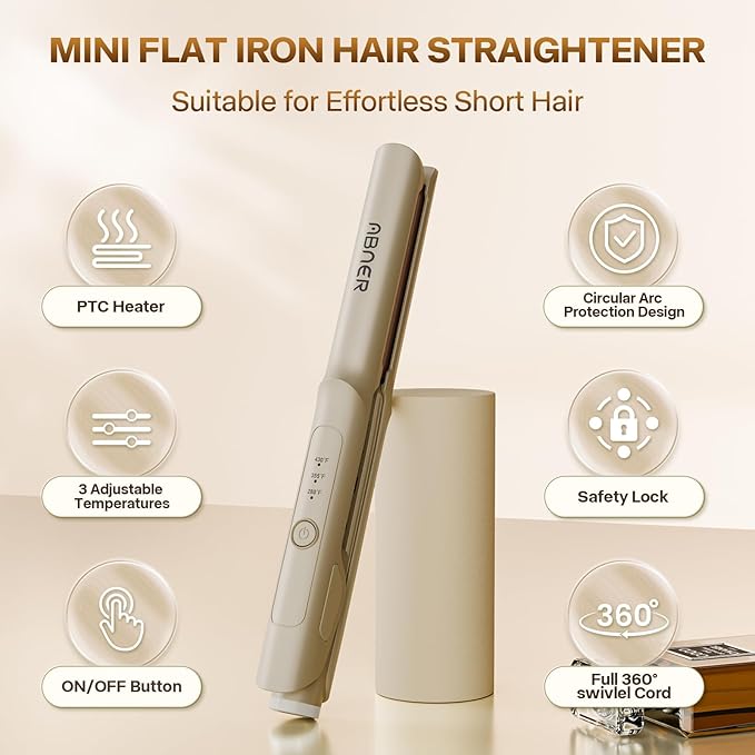 ABNER Mini Flat Iron 0.7 Inch Ceramic Hair Straightener, Small Flat Irons for Short Hair, Curls, Bangs - Adjustable Temperature, Travel-Size, Auto Shut Off, Dual Voltage for Women, Men